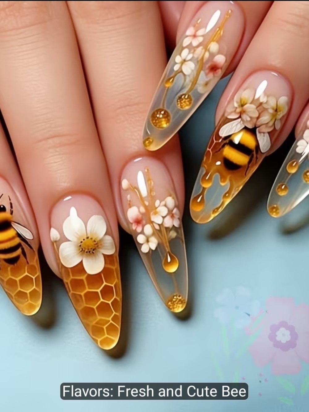 Honeybee Floral Press On Nails  - Amber Yellow Bee Design